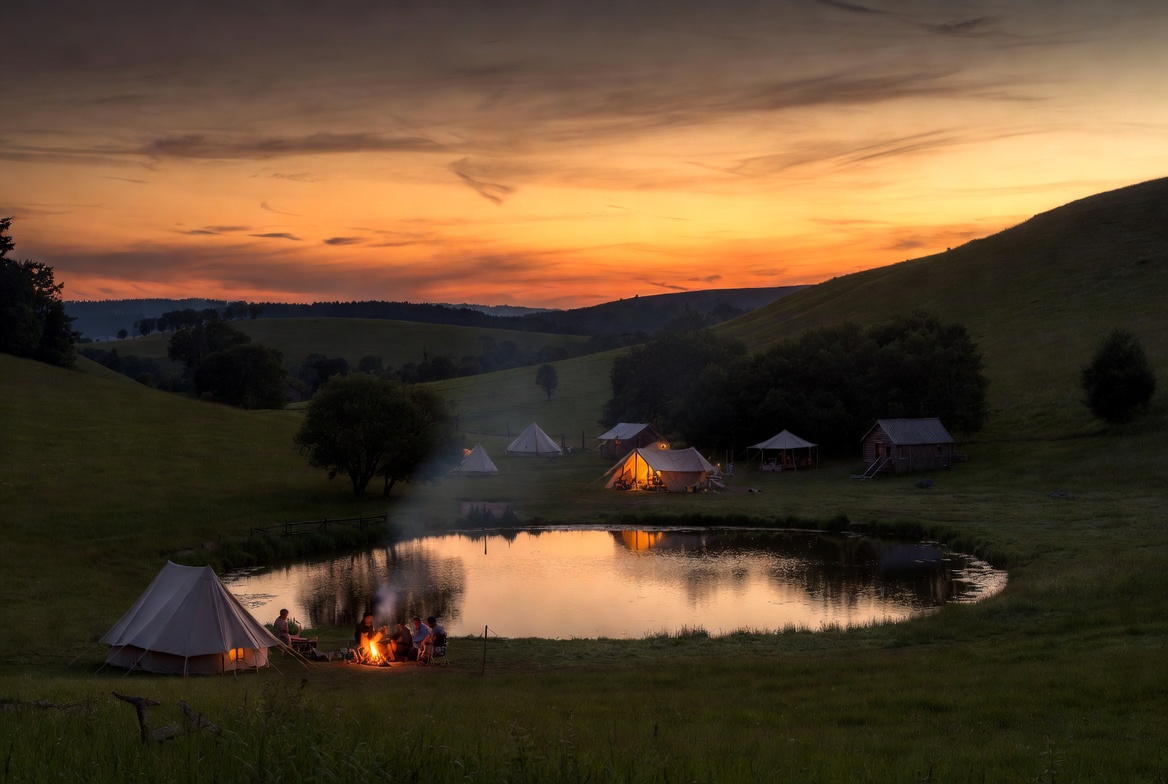 Families gathered around a campfire by a pond at dusk during a Weekend Homesteading retreat